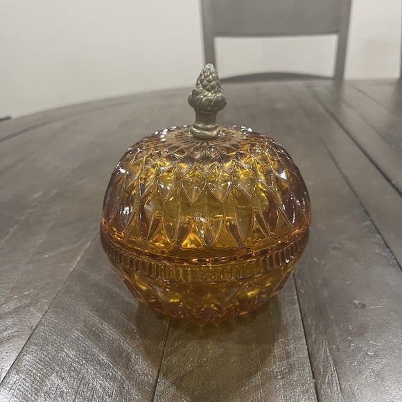Vtg Indiana Glass Amber Candy Dish Fairy Lamp Metal Acorn Finial Mount Vernon - Picture 2 of 10